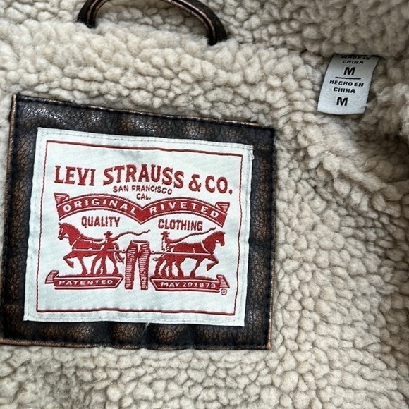 Levi’s Faux Leather Sherpa Lined Aviator Bomber Jacket Size M Brown Faux Leather - Picture 6 of 10